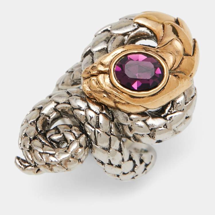 Pre Owned Roberto Cavalli Two Tone Embellished Serpenti Cocktail Ring Size EU 51