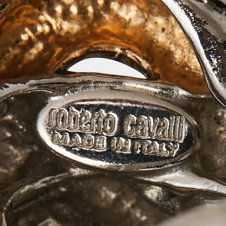 Pre Owned Roberto Cavalli Two Tone Embellished Serpenti Cocktail Ring Size EU 51