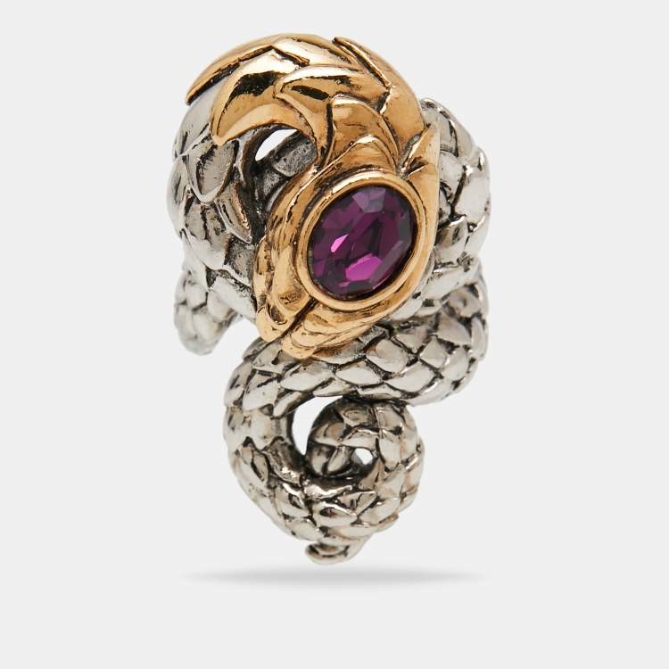 Pre Owned Roberto Cavalli Two Tone Embellished Serpenti Cocktail Ring Size EU 51