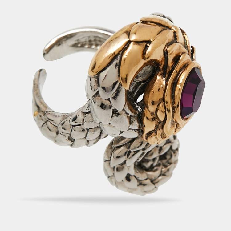 Pre Owned Roberto Cavalli Two Tone Embellished Serpenti Cocktail Ring Size EU 51