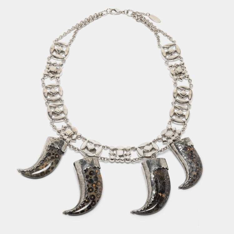Pre Owned Roberto Cavalli Silver Tone Crystal Marbled Teeth Charms Necklace