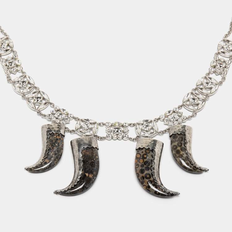 Pre Owned Roberto Cavalli Silver Tone Crystal Marbled Teeth Charms Necklace