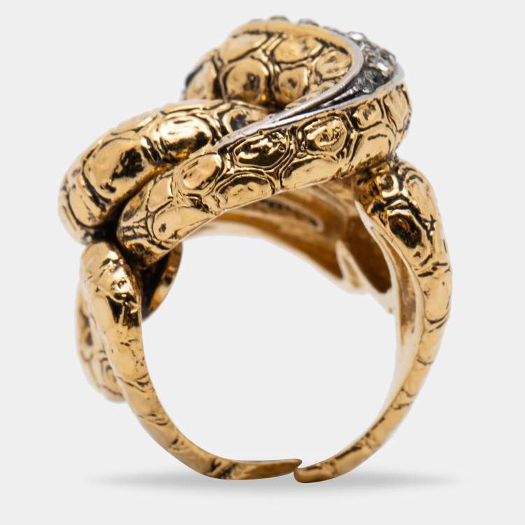 Pre Owned Roberto Cavalli Gold Tone Crystal Serpenti Ring EU 52.5