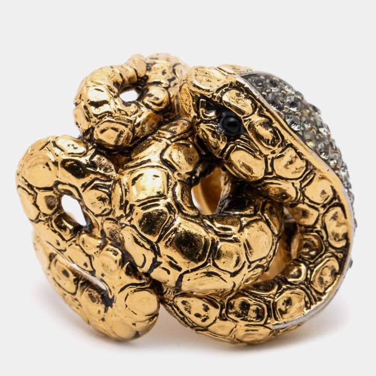 Pre Owned Roberto Cavalli Gold Tone Crystal Serpenti Ring EU 52.5