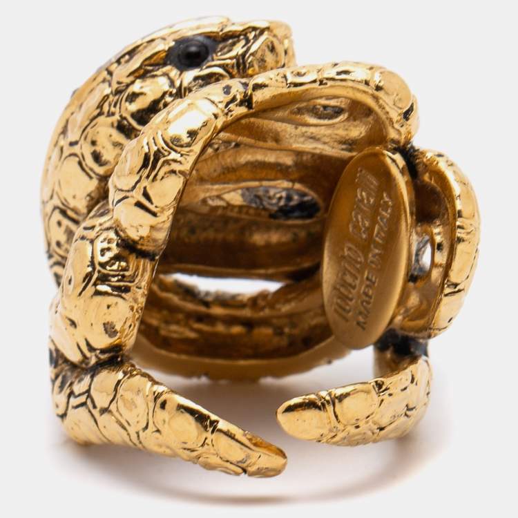 Pre Owned Roberto Cavalli Gold Tone Crystal Serpenti Ring EU 52.5