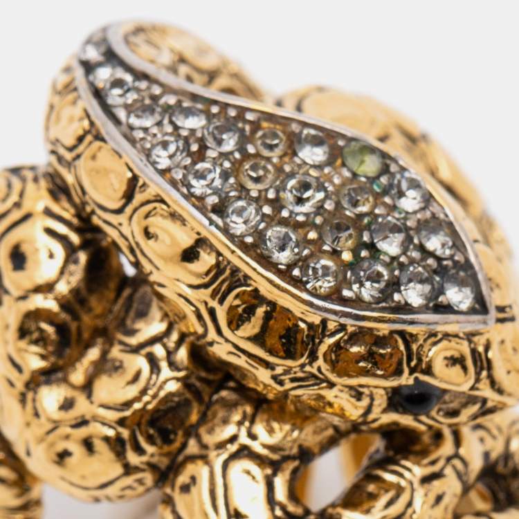 Pre Owned Roberto Cavalli Gold Tone Crystal Serpenti Ring EU 52.5