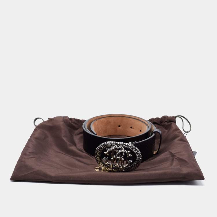 Pre Owned Roberto Cavalli Black Snakeskin Logo Buckle Belt 95 CM