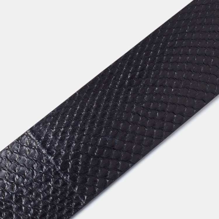 Pre Owned Roberto Cavalli Black Snakeskin Logo Buckle Belt 95 CM