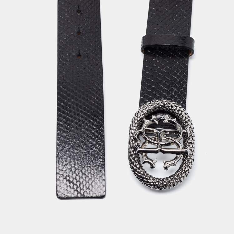 Pre Owned Roberto Cavalli Black Snakeskin Logo Buckle Belt 95 CM