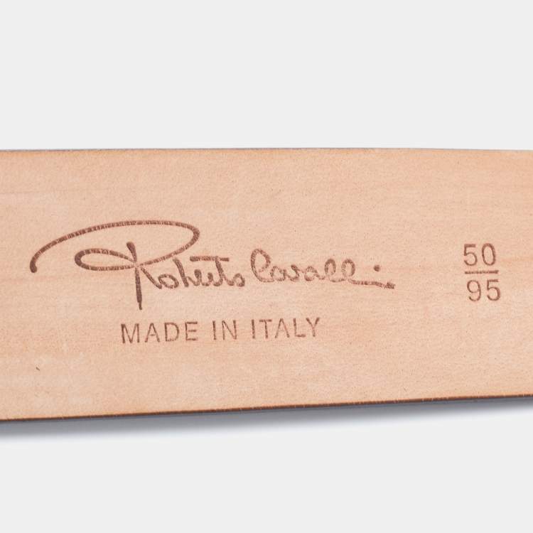 Pre Owned Roberto Cavalli Black Snakeskin Logo Buckle Belt 95 CM