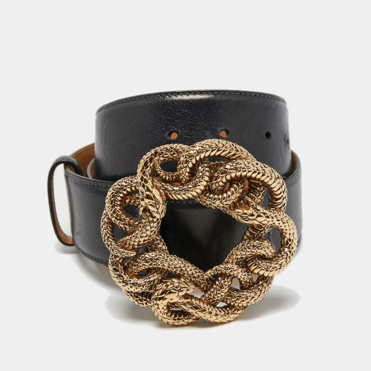 Pre Owned Roberto Cavalli Navy Blue Leather Snake Buckle Belt 80CM