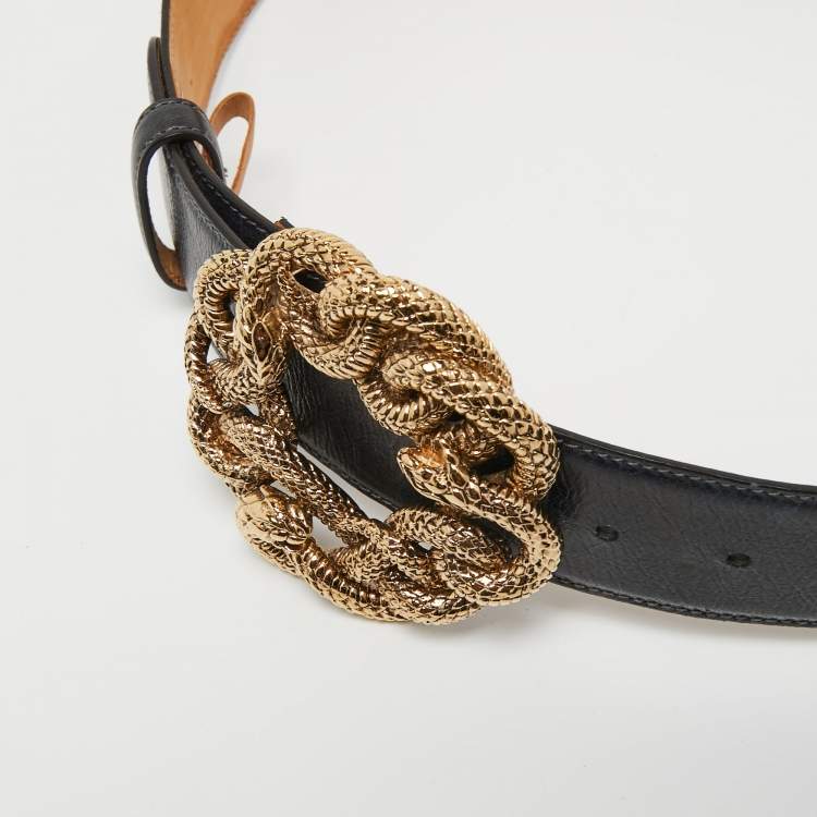 Pre Owned Roberto Cavalli Navy Blue Leather Snake Buckle Belt 80CM