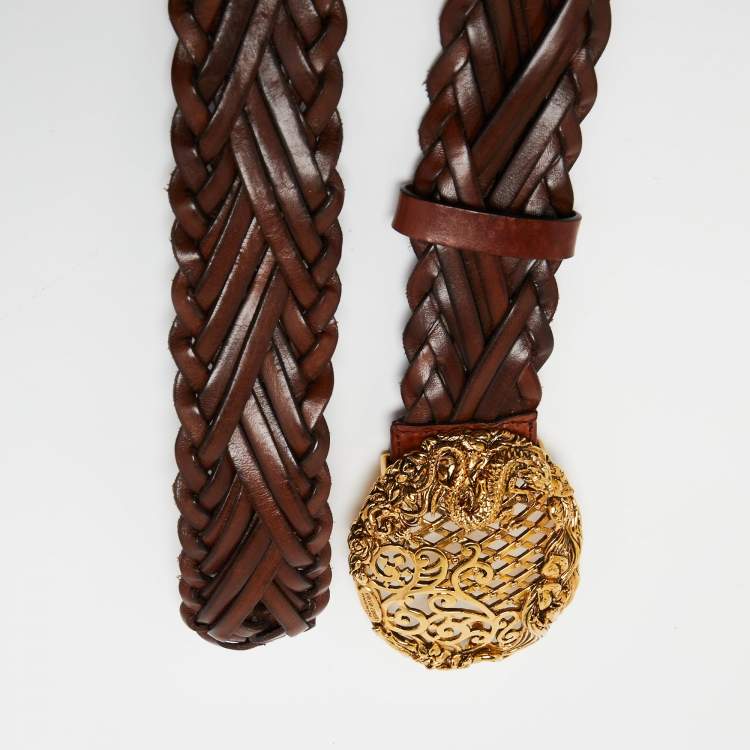 Pre Owned Roberto Cavalli Brown Braided Leather Logo Plague Belt
