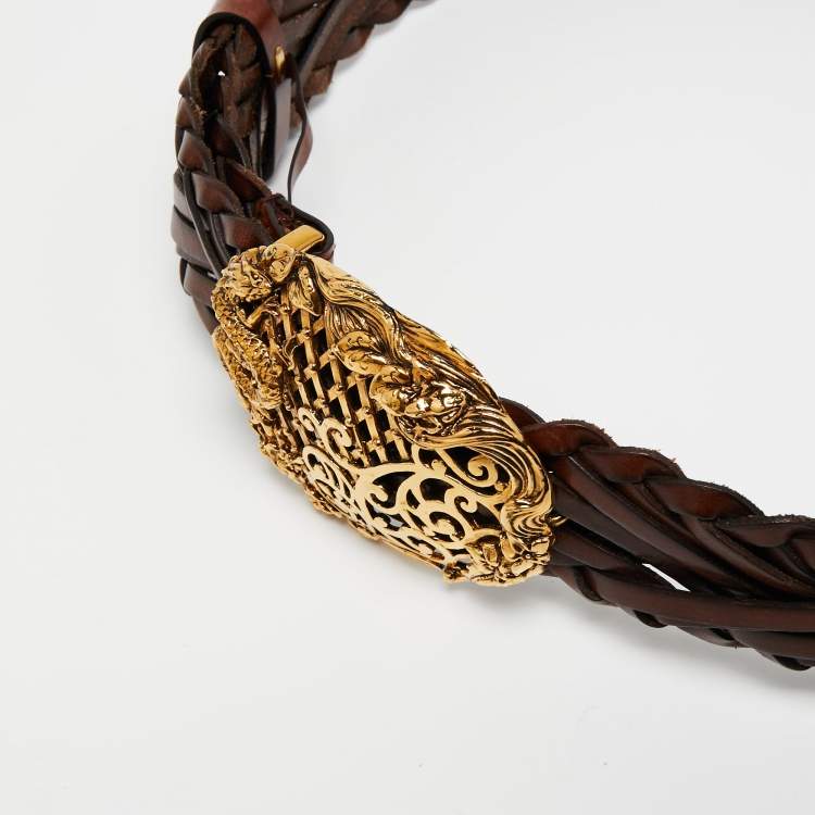 Pre Owned Roberto Cavalli Brown Braided Leather Logo Plague Belt