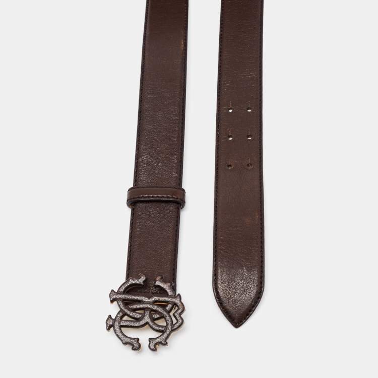 Pre Owned Roberto Cavalli Dark Brown Leather RC Logo Buckle Belt 90CM