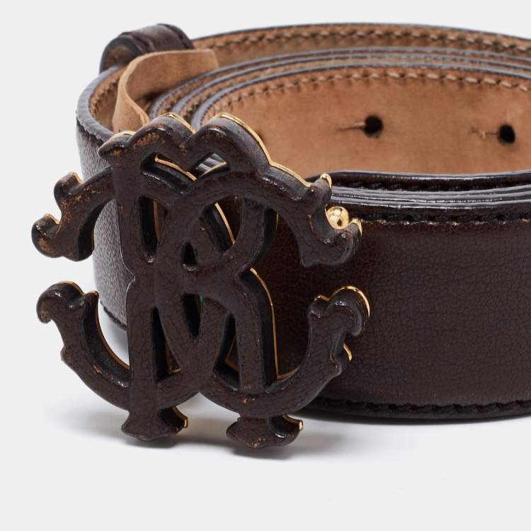 Pre Owned Roberto Cavalli Dark Brown Leather RC Logo Buckle Belt 90CM