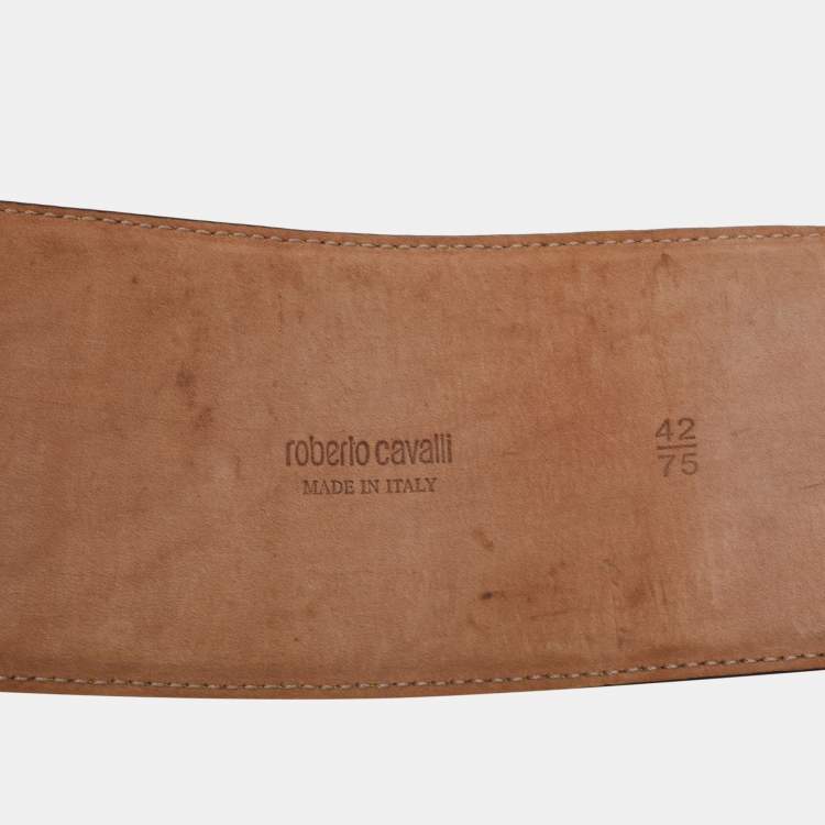 Pre Owned Roberto Cavalli Green Croc Embossed Leather Wide Waist Buckle Belt 75CM