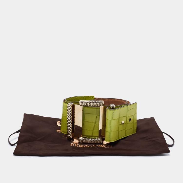 Pre Owned Roberto Cavalli Green Croc Embossed Leather Wide Waist Buckle Belt 75CM