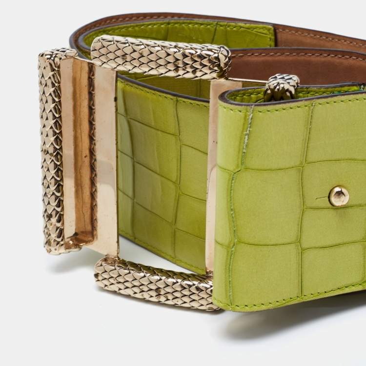 Pre Owned Roberto Cavalli Green Croc Embossed Leather Wide Waist Buckle Belt 75CM