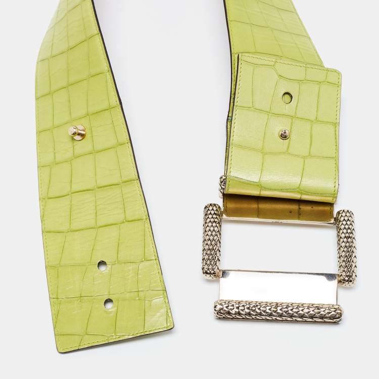Pre Owned Roberto Cavalli Green Croc Embossed Leather Wide Waist Buckle Belt 75CM