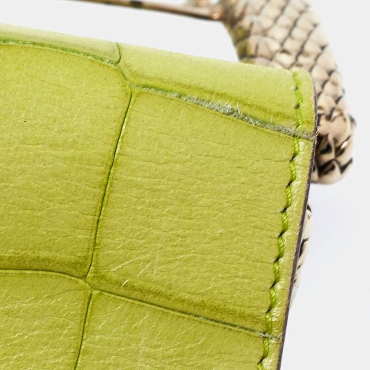 Pre Owned Roberto Cavalli Green Croc Embossed Leather Wide Waist Buckle Belt 75CM