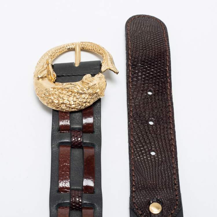 Pre Owned Roberto Cavalli Dark Brown/Black Lizard Embossed and Leather Dragon Buckle Belt