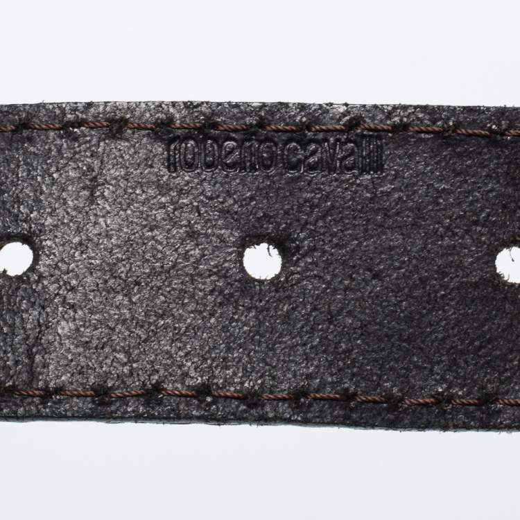 Pre Owned Roberto Cavalli Dark Brown/Black Lizard Embossed and Leather Dragon Buckle Belt