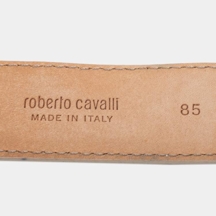 Pre Owned Roberto Cavalli White Leather Snake Buckle Belt 85CM