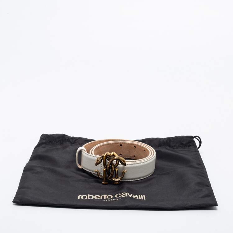 Pre Owned Roberto Cavalli White Leather Snake Buckle Belt 85CM