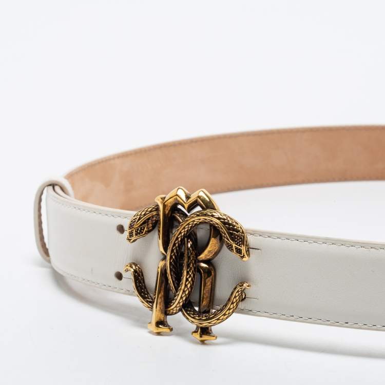 Pre Owned Roberto Cavalli White Leather Snake Buckle Belt 85CM