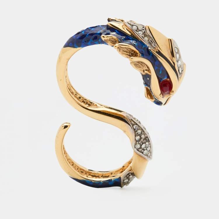 Pre Owned Roberto Cavalli Crystal & Enamel Serpenti Double Finger Ring Size EU 58
