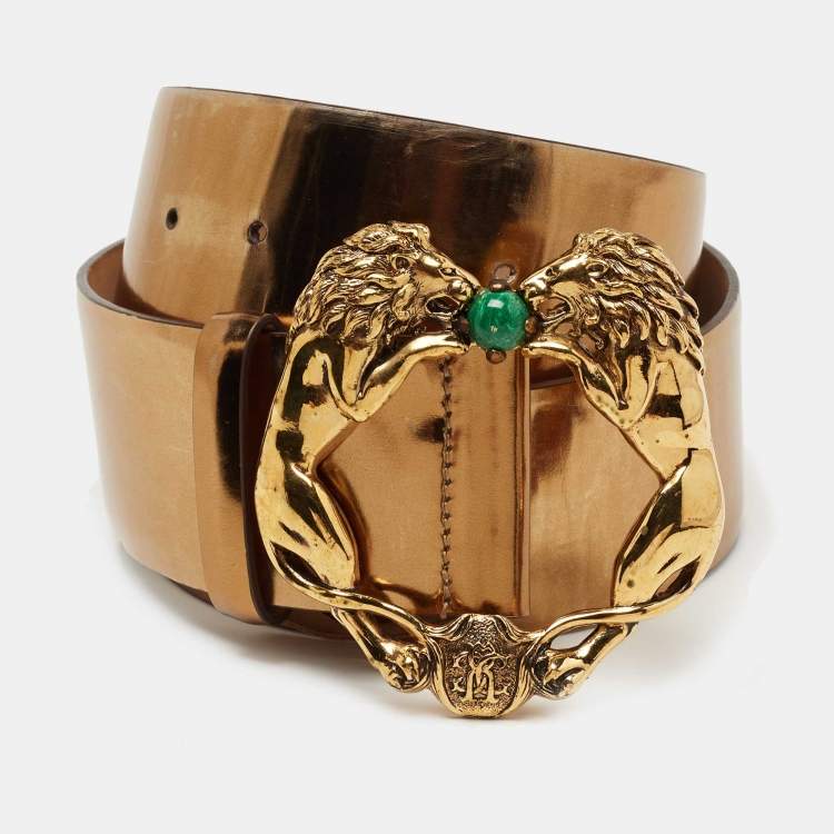 Pre Owned Roberto Cavalli Bronze Glazed Leather Waist Lions Buckle Belt 90CM
