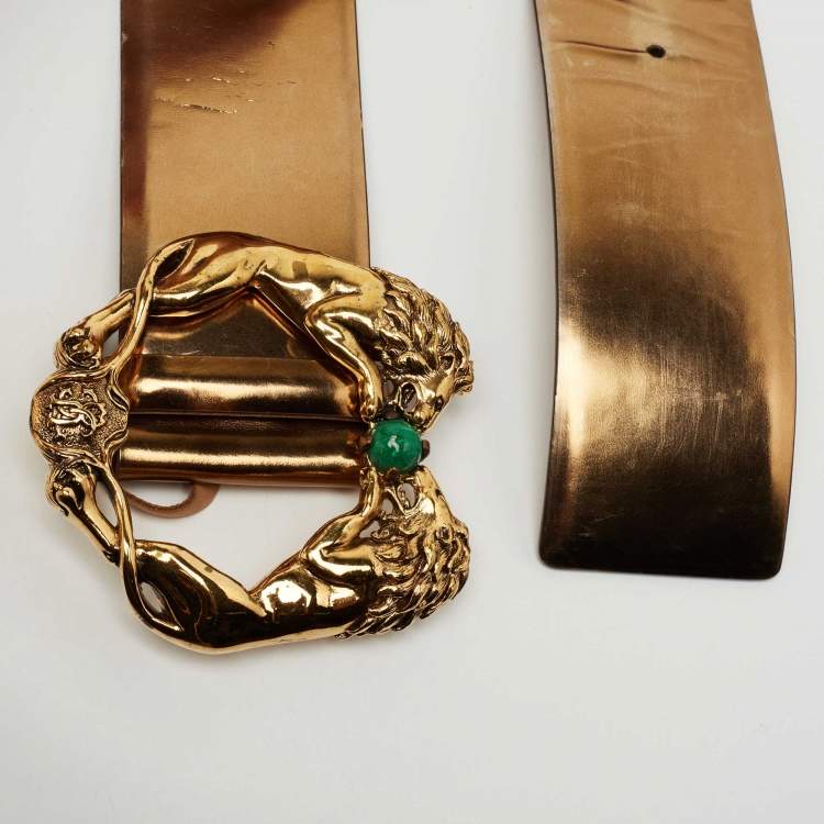 Pre Owned Roberto Cavalli Bronze Glazed Leather Waist Lions Buckle Belt 90CM
