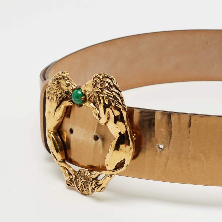 Pre Owned Roberto Cavalli Bronze Glazed Leather Waist Lions Buckle Belt 90CM
