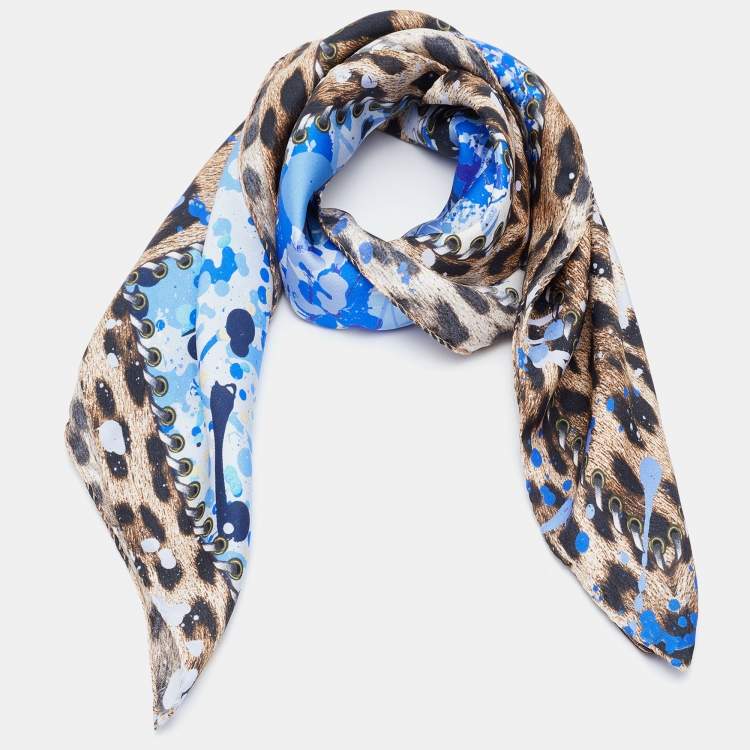Pre Owned Roberto Cavalli Brown & Blue Animal Printed Silk Square Scarf