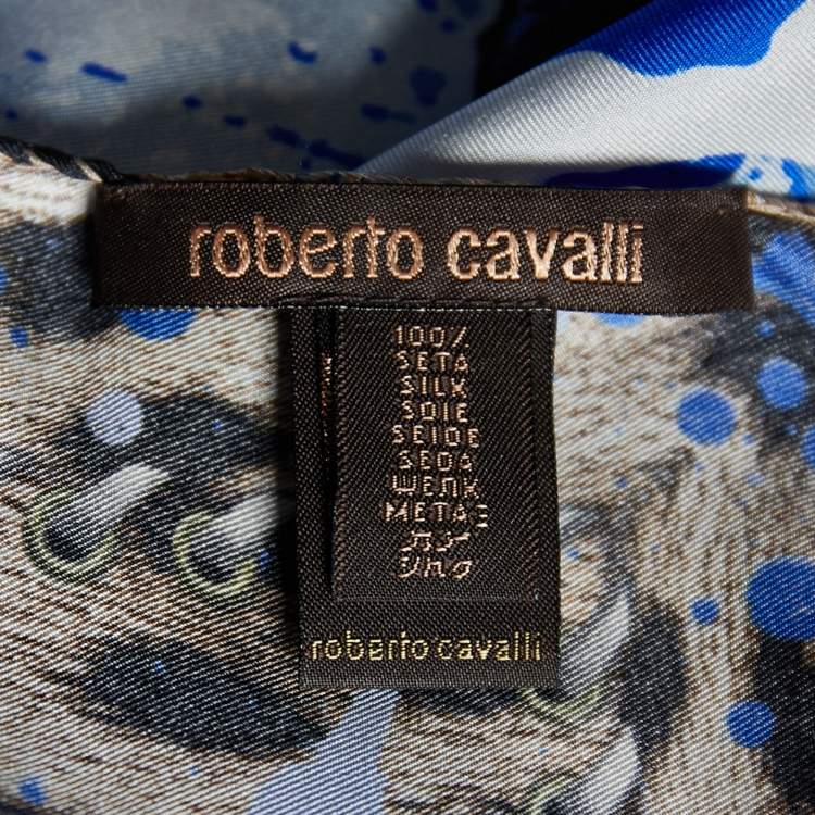 Pre Owned Roberto Cavalli Brown & Blue Animal Printed Silk Square Scarf