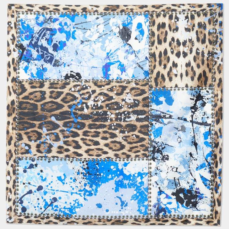 Pre Owned Roberto Cavalli Brown & Blue Animal Printed Silk Square Scarf