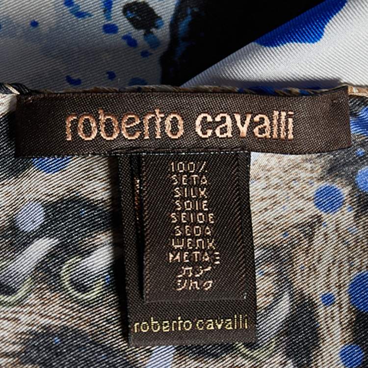 Pre Owned Roberto Cavalli Brown & Blue Animal Printed Silk Square Scarf