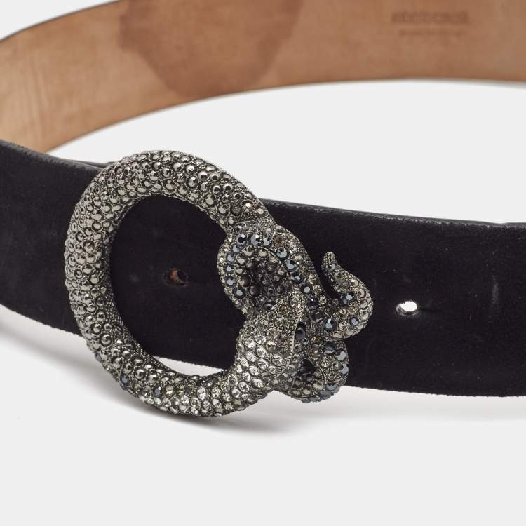 Pre Owned Roberto Cavalli Black Suede Snake Crystals Embellished Buckle Belt 80CM
