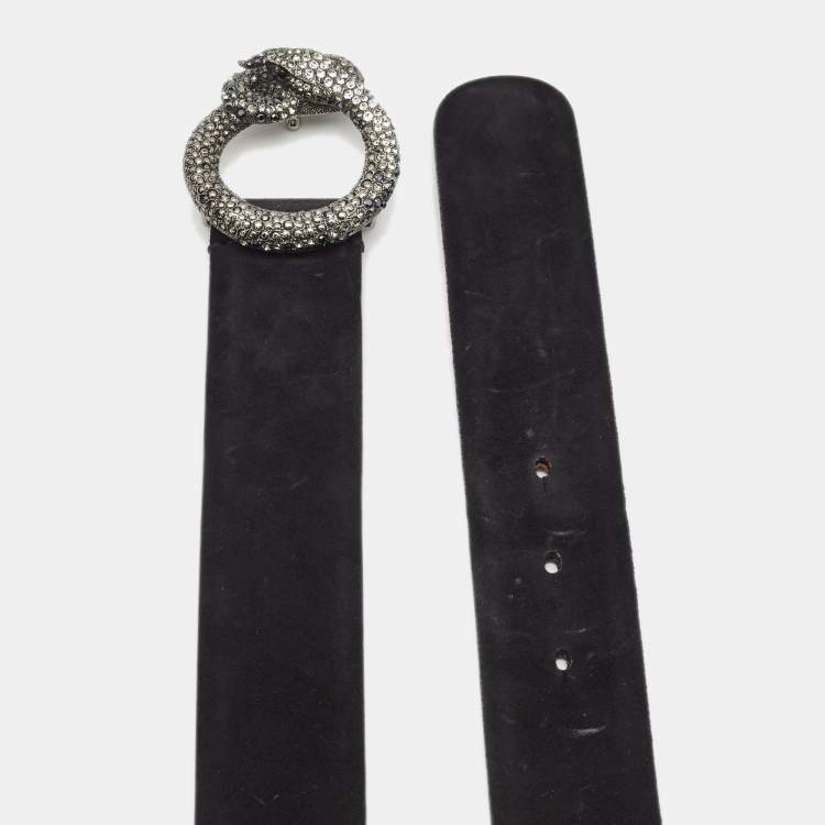 Pre Owned Roberto Cavalli Black Suede Snake Crystals Embellished Buckle Belt 80CM