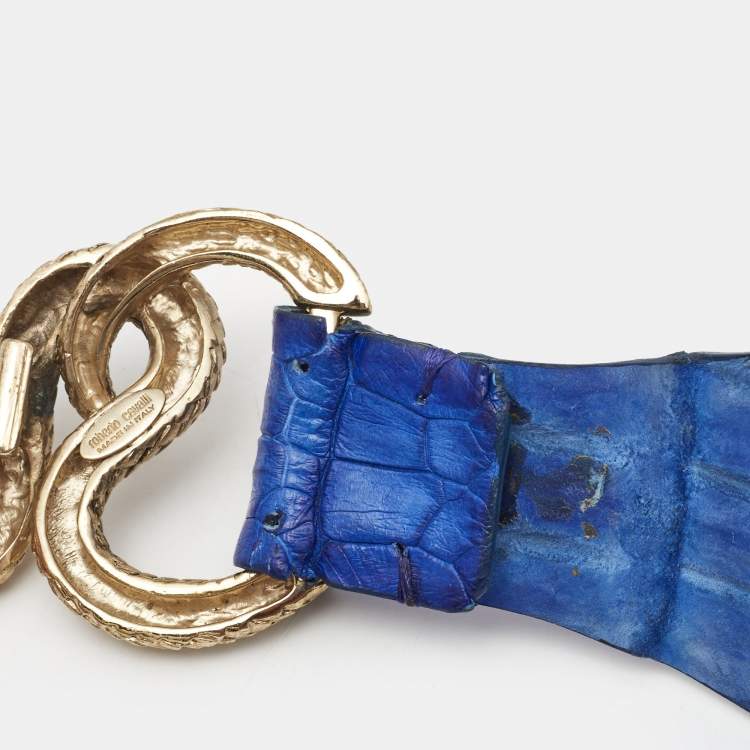Pre Owned Roberto Cavalli Blue Crocodile Leather Snake Buckle Belt