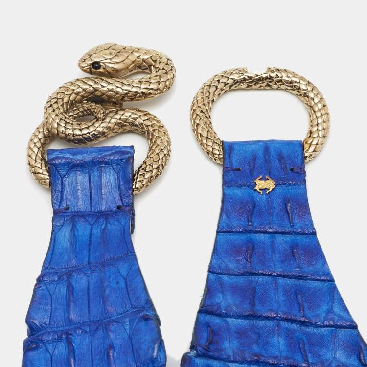 Pre Owned Roberto Cavalli Blue Crocodile Leather Snake Buckle Belt