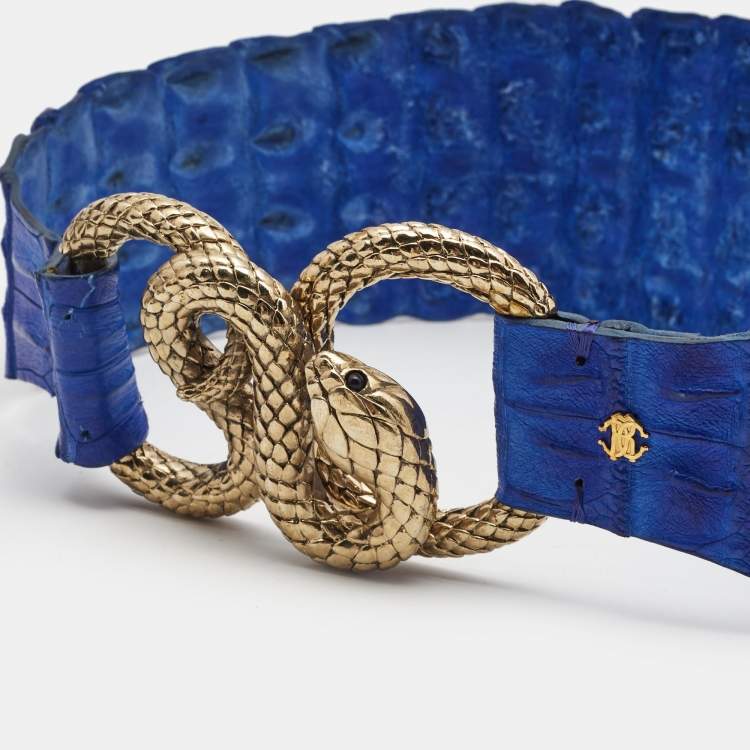 Pre Owned Roberto Cavalli Blue Crocodile Leather Snake Buckle Belt