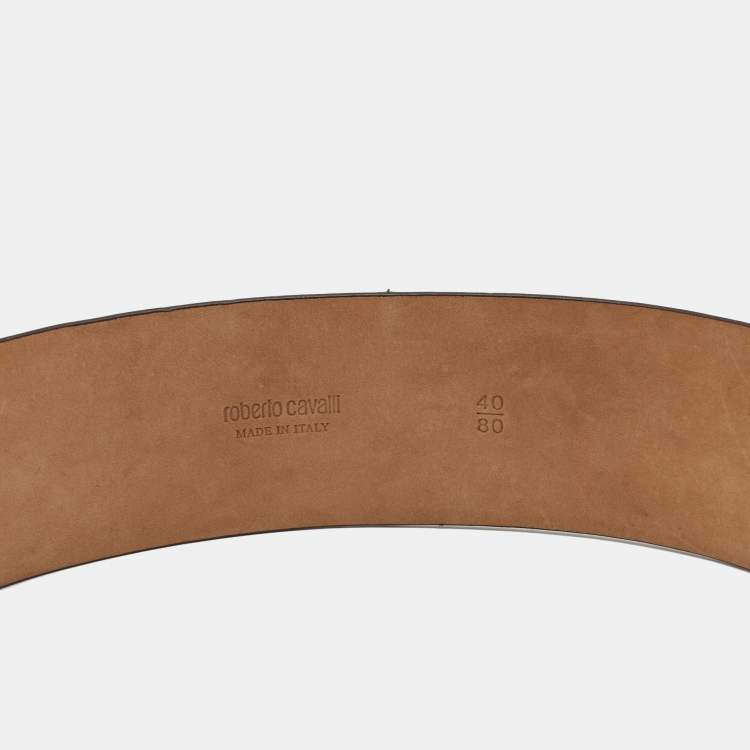 Pre Owned Roberto Cavalli Gold Glossy Leather Panther Buckle Belt 80CM