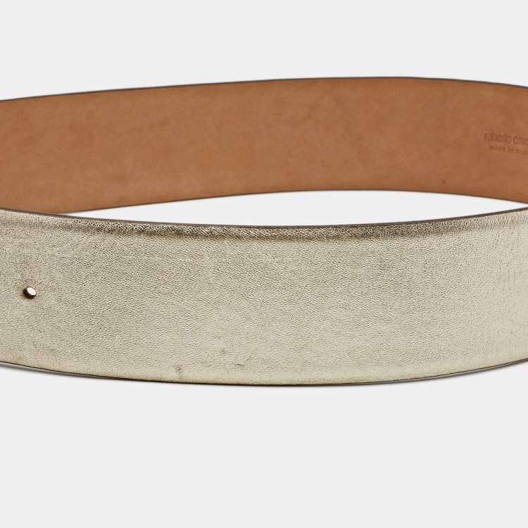 Pre Owned Roberto Cavalli Gold Glossy Leather Panther Buckle Belt 80CM