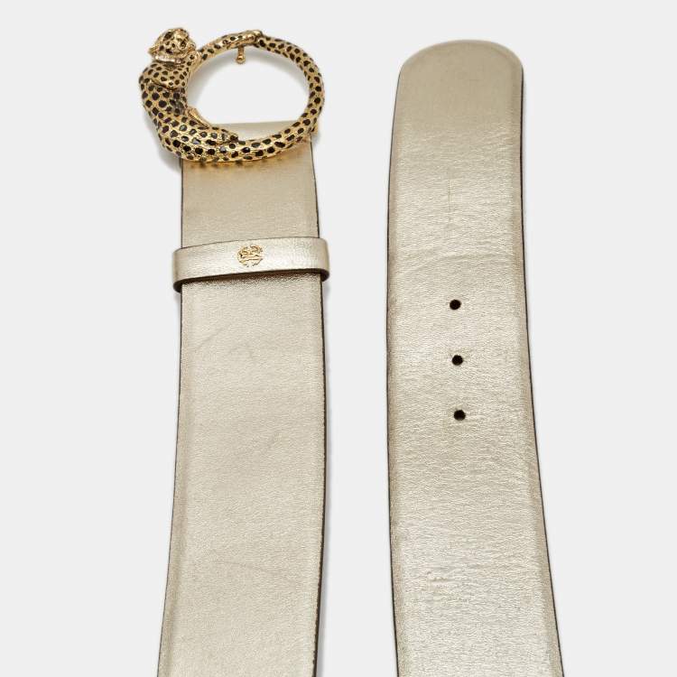 Pre Owned Roberto Cavalli Gold Glossy Leather Panther Buckle Belt 80CM