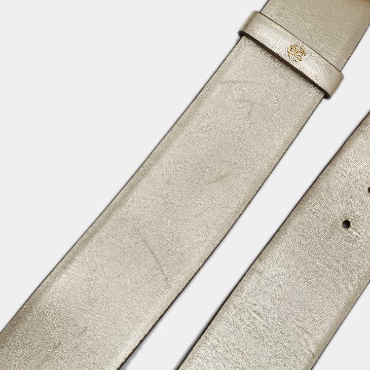 Pre Owned Roberto Cavalli Gold Glossy Leather Panther Buckle Belt 80CM