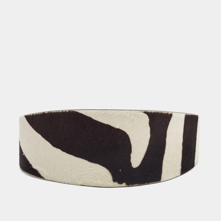 Pre Owned Roberto Cavalli Brown/White Zebra Print Calfhair Wide Waist Belt 75CM
