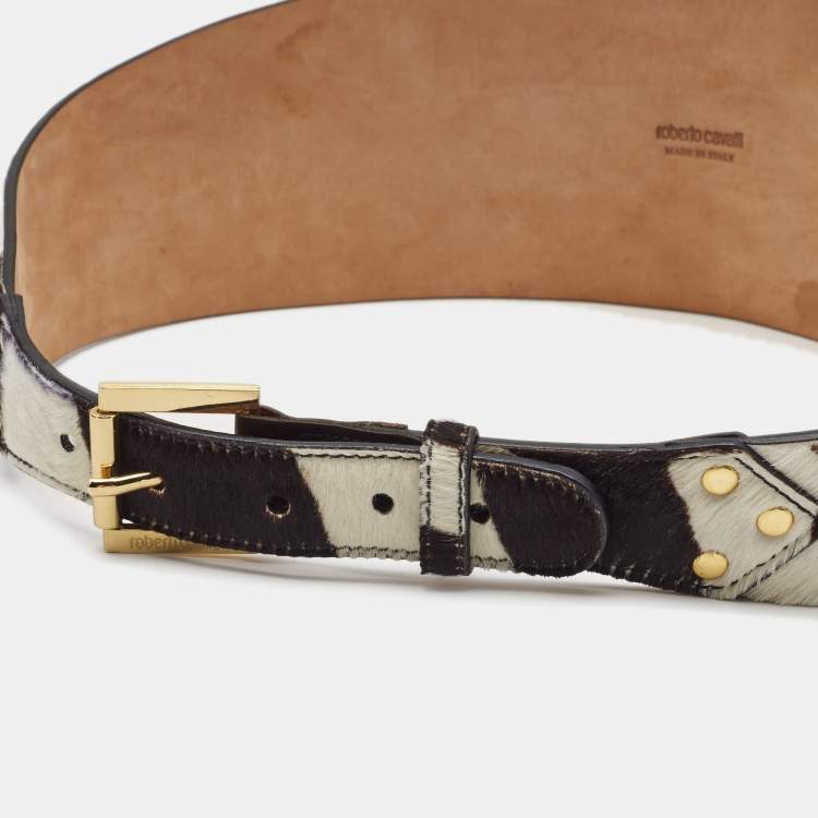Pre Owned Roberto Cavalli Brown/White Zebra Print Calfhair Wide Waist Belt 75CM