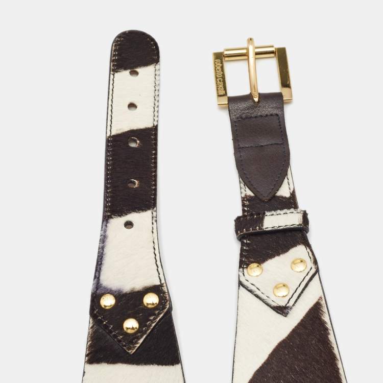 Pre Owned Roberto Cavalli Brown/White Zebra Print Calfhair Wide Waist Belt 75CM